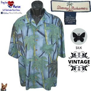 Tommy Bahama L Vintage 100% Silk Hawaiian Blue Palm Tree Camp Shirt S/S